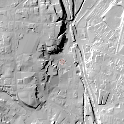 Shaded relief map of the ground around SK116JS, computed from Environment Agency LiDAR. The ground here sits at about 132 m above sea level and falls 29 m across the surrounding 800 m. Surface water reaching this point runs off ground lying to the west, 24.0 m higher.