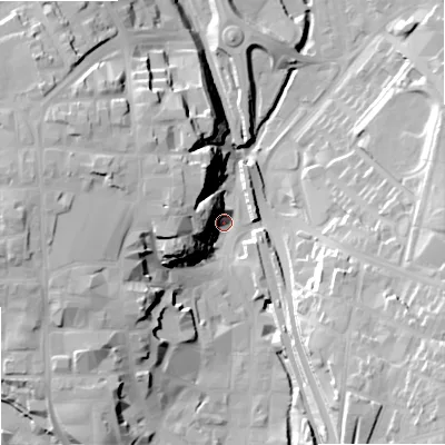 Shaded relief map of the ground around SK116JT, computed from Environment Agency LiDAR. The ground here sits at about 132 m above sea level and falls 30 m across the surrounding 800 m. Surface water reaching this point runs off ground lying to the west-north-west, 26.8 m higher.