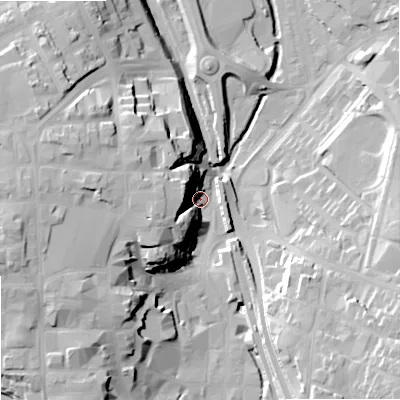 Shaded relief map of the ground around SK116JU, computed from Environment Agency LiDAR. The ground here sits at about 130 m above sea level and falls 30 m across the surrounding 800 m. Surface water reaching this point runs off ground lying to the west-north-west, 26.8 m higher.