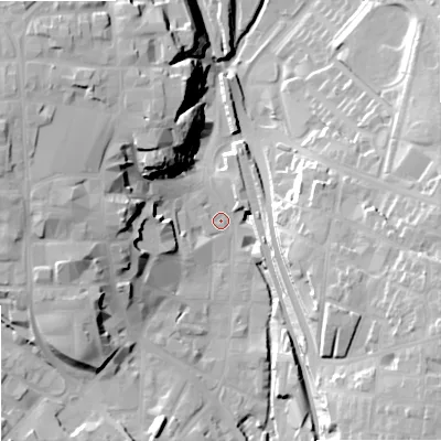Shaded relief map of the ground around SK116JW, computed from Environment Agency LiDAR. The ground here sits at about 131 m above sea level and falls 30 m across the surrounding 800 m. Surface water reaching this point runs off ground lying to the east-south-east, 27.0 m higher.