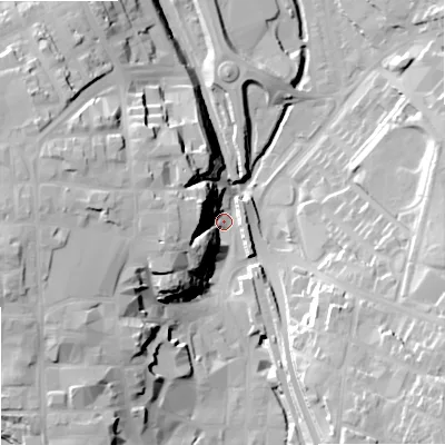 Shaded relief map of the ground around SK116JX, computed from Environment Agency LiDAR. The ground here sits at about 130 m above sea level and falls 30 m across the surrounding 800 m. Surface water reaching this point runs off ground lying to the west-north-west, 27.6 m higher.