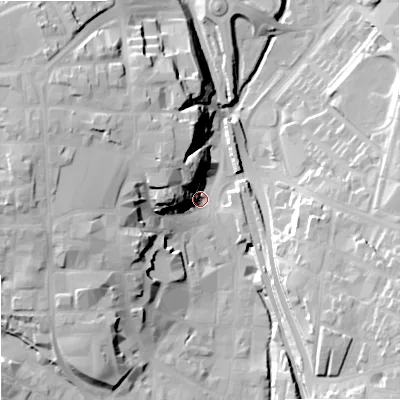 Shaded relief map of the ground around SK116JY, computed from Environment Agency LiDAR. The ground here sits at about 131 m above sea level and falls 30 m across the surrounding 800 m. Surface water reaching this point runs off ground lying to the north-west, 26.8 m higher.
