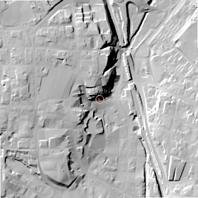 Shaded relief map of the ground around SK116JZ, computed from Environment Agency LiDAR. The ground here sits at about 137 m above sea level and falls 30 m across the surrounding 800 m. Surface water reaching this point runs off ground lying to the north-west, 19.5 m higher.