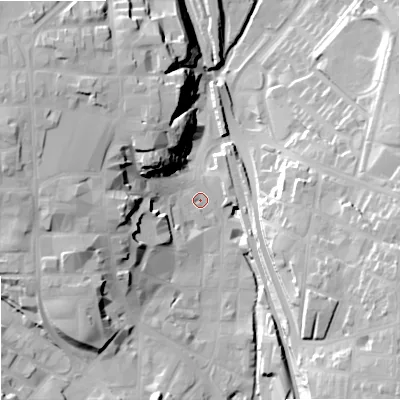 Shaded relief map of the ground around SK116LF, computed from Environment Agency LiDAR. The ground here sits at about 131 m above sea level and falls 29 m across the surrounding 800 m. Surface water reaching this point runs off ground lying to the west, 24.0 m higher.