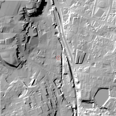 Shaded relief map of the ground around SK117AE, computed from Environment Agency LiDAR. The ground here sits at about 133 m above sea level and falls 30 m across the surrounding 800 m. Surface water reaching this point runs off ground lying to the south-south-west, 15.6 m higher.