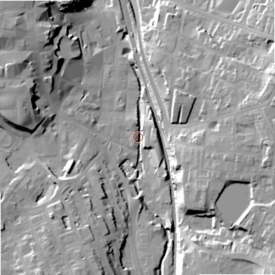 Shaded relief map of the ground around SK117GZ, computed from Environment Agency LiDAR. The ground here sits at about 133 m above sea level and falls 31 m across the surrounding 800 m. Surface water reaching this point runs off ground lying to the south-south-west, 15.4 m higher.
