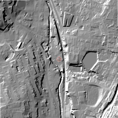 Shaded relief map of the ground around SK117HG, computed from Environment Agency LiDAR. The ground here sits at about 135 m above sea level and falls 49 m across the surrounding 800 m. Surface water reaching this point runs off ground lying to the south-south-east, 5.2 m higher.