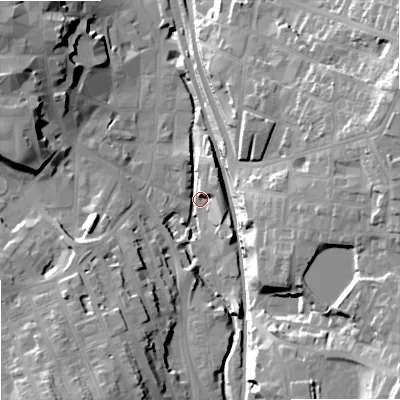 Shaded relief map of the ground around SK117HJ, computed from Environment Agency LiDAR. The ground here sits at about 133 m above sea level and falls 34 m across the surrounding 800 m. Surface water reaching this point runs off ground lying to the south-south-west, 18.1 m higher.