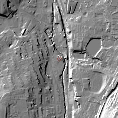 Shaded relief map of the ground around SK117HP, computed from Environment Agency LiDAR. The ground here sits at about 136 m above sea level and falls 54 m across the surrounding 800 m. Surface water reaching this point runs off ground lying to the south, 1.3 m higher.