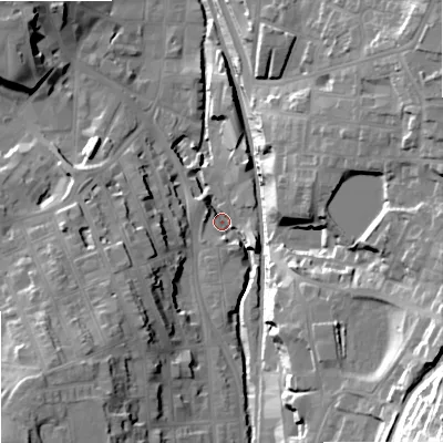 Shaded relief map of the ground around SK117HQ, computed from Environment Agency LiDAR. The ground here sits at about 133 m above sea level and falls 51 m across the surrounding 800 m. Surface water reaching this point runs off ground lying to the south-east, 23.0 m higher.