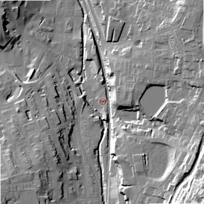 Shaded relief map of the ground around SK117HW, computed from Environment Agency LiDAR. The ground here sits at about 135 m above sea level and falls 52 m across the surrounding 800 m. Surface water reaching this point runs off ground lying to the south-east, 28.5 m higher.