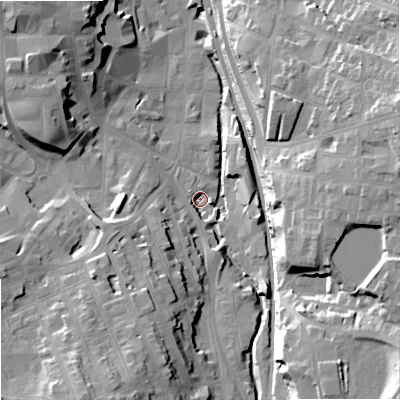 Shaded relief map of the ground around SK117HY, computed from Environment Agency LiDAR. The ground here sits at about 132 m above sea level and falls 30 m across the surrounding 800 m. Surface water reaching this point runs off ground lying to the south, 3.9 m higher.