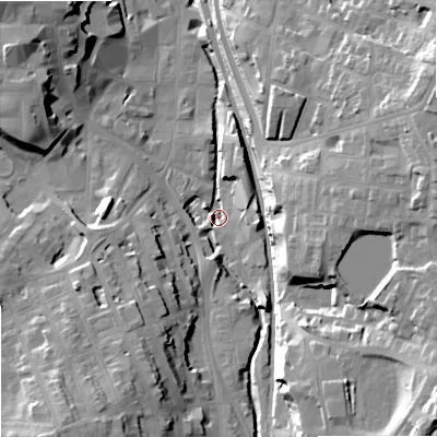 Shaded relief map of the ground around SK117JE, computed from Environment Agency LiDAR. The ground here sits at about 132 m above sea level and falls 34 m across the surrounding 800 m. Surface water reaching this point runs off ground lying to the south-south-west, 20.5 m higher.