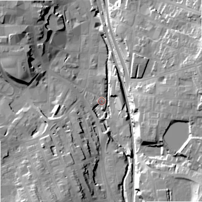 Shaded relief map of the ground around SK117LZ, computed from Environment Agency LiDAR. The ground here sits at about 133 m above sea level and falls 30 m across the surrounding 800 m. Surface water reaching this point runs off ground lying to the south-south-west, 18.7 m higher.