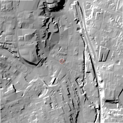 Shaded relief map of the ground around SK117NA, computed from Environment Agency LiDAR. The ground here sits at about 135 m above sea level and falls 26 m across the surrounding 800 m. Surface water reaching this point runs off ground lying to the north-west, 17.7 m higher.