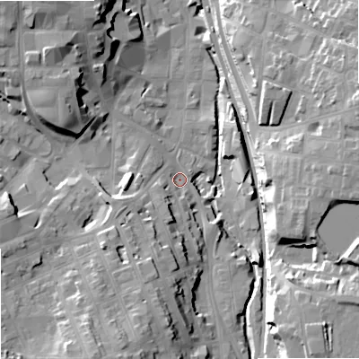Shaded relief map of the ground around SK117NH, computed from Environment Agency LiDAR. The ground here sits at about 134 m above sea level and falls 27 m across the surrounding 800 m. Surface water reaching this point runs off ground lying to the south-south-west, 12.4 m higher.