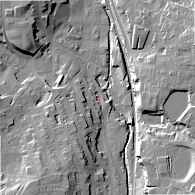 Shaded relief map of the ground around SK117NN, computed from Environment Agency LiDAR. The ground here sits at about 135 m above sea level and falls 29 m across the surrounding 800 m. Surface water reaching this point runs off ground lying to the south, 3.9 m higher.