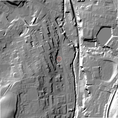 Shaded relief map of the ground around SK117NP, computed from Environment Agency LiDAR. The ground here sits at about 136 m above sea level and falls 43 m across the surrounding 800 m. Surface water reaching this point runs off ground lying to the south-west, 15.1 m higher.