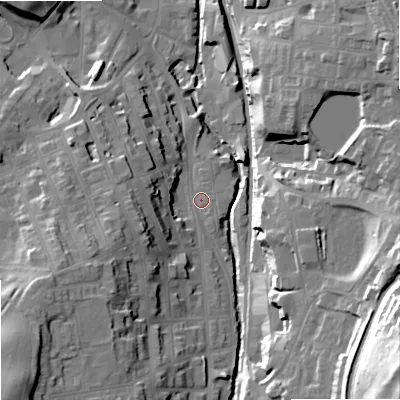 Shaded relief map of the ground around SK117NR, computed from Environment Agency LiDAR. The ground here sits at about 137 m above sea level and falls 50 m across the surrounding 800 m. Surface water reaching this point runs off ground lying to the west-south-west, 15.3 m higher.