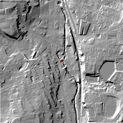 Shaded relief map of the ground around SK117NW, computed from Environment Agency LiDAR. The ground here sits at about 133 m above sea level and falls 32 m across the surrounding 800 m. Surface water reaching this point runs off ground lying to the south-west, 22.1 m higher.
