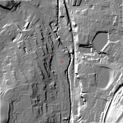 Shaded relief map of the ground around SK117NX, computed from Environment Agency LiDAR. The ground here sits at about 137 m above sea level and falls 53 m across the surrounding 800 m. Surface water reaching this point runs off ground lying to the south-south-east, 0.7 m higher.