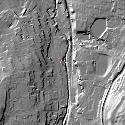 Shaded relief map of the ground around SK117NY, computed from Environment Agency LiDAR. The ground here sits at about 137 m above sea level and falls 56 m across the surrounding 800 m. Surface water reaching this point runs off ground lying to the south-east, 53.4 m higher.