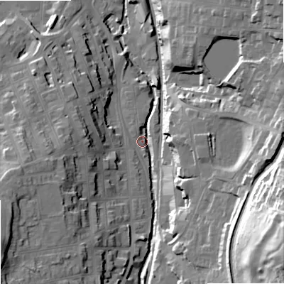 Shaded relief map of the ground around SK117NZ, computed from Environment Agency LiDAR. The ground here sits at about 136 m above sea level and falls 57 m across the surrounding 800 m. Surface water reaching this point runs off ground lying to the south-east, 54.0 m higher.
