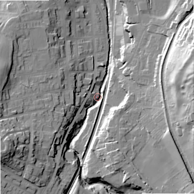 Shaded relief map of the ground around SK117QX, computed from Environment Agency LiDAR. The ground here sits at about 140 m above sea level and falls 51 m across the surrounding 800 m. Surface water reaching this point runs off ground lying to the west-south-west, 29.3 m higher.