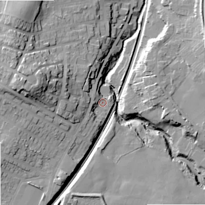 Shaded relief map of the ground around SK117RN, computed from Environment Agency LiDAR. The ground here sits at about 147 m above sea level and falls 34 m across the surrounding 800 m. Surface water reaching this point runs off ground lying to the south-west, 6.0 m higher.