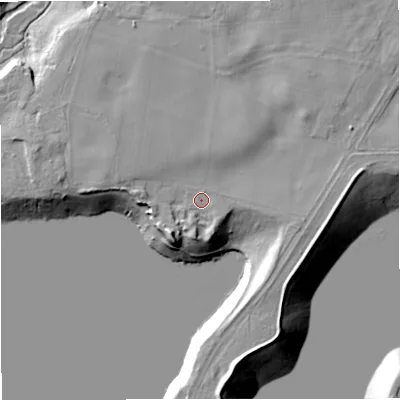 Shaded relief map of the ground around SK119AF, computed from Environment Agency LiDAR. The ground here sits at about 75 m above sea level and falls 19 m across the surrounding 800 m. Surface water reaching this point runs off ground lying to the east, 3.5 m higher.