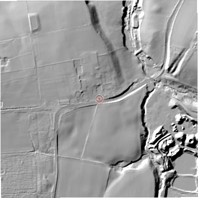 Shaded relief map of the ground around SK119DP, computed from Environment Agency LiDAR. The ground here sits at about 74 m above sea level and falls 21 m across the surrounding 800 m. Surface water reaching this point runs off ground lying to the west, 7.8 m higher.