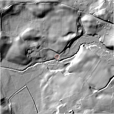 Shaded relief map of the ground around SK119EY, computed from Environment Agency LiDAR. The ground here sits at about 117 m above sea level and falls 24 m across the surrounding 800 m. Surface water reaching this point runs off ground lying to the north-north-east, 12.6 m higher.