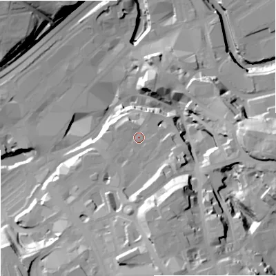 Shaded relief map of the ground around SK11EB, computed from Environment Agency LiDAR. The ground here sits at about 56 m above sea level and falls 42 m across the surrounding 800 m. Surface water reaching this point runs off ground lying to the east-south-east, 0.9 m higher.