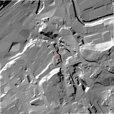 Shaded relief map of the ground around SK11EG, computed from Environment Agency LiDAR. The ground here sits at about 57 m above sea level and falls 43 m across the surrounding 800 m. Surface water reaching this point runs off ground lying to the south, 8.1 m higher.