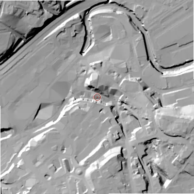 Shaded relief map of the ground around SK11JT, computed from Environment Agency LiDAR. The ground here sits at about 46 m above sea level and falls 42 m across the surrounding 800 m. Surface water reaching this point runs off ground lying to the south, 32.5 m higher.