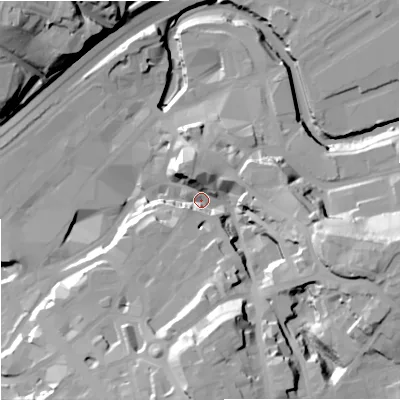 Shaded relief map of the ground around SK11JZ, computed from Environment Agency LiDAR. The ground here sits at about 45 m above sea level and falls 41 m across the surrounding 800 m. Surface water reaching this point runs off ground lying to the south, 31.5 m higher.