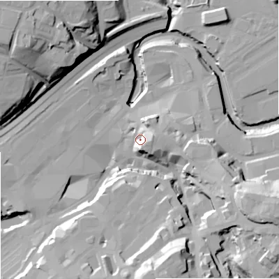 Shaded relief map of the ground around SK11LF, computed from Environment Agency LiDAR. The ground here sits at about 46 m above sea level and falls 42 m across the surrounding 800 m. Surface water reaching this point runs off ground lying to the south-east, 11.8 m higher.