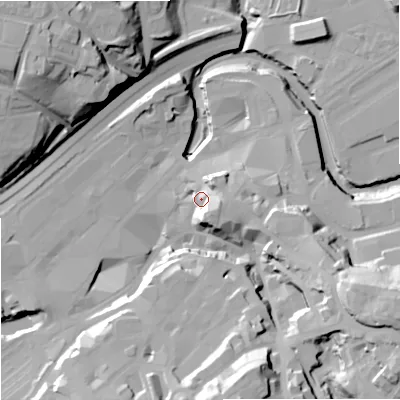 Shaded relief map of the ground around SK11LH, computed from Environment Agency LiDAR. The ground here sits at about 47 m above sea level and falls 43 m across the surrounding 800 m. Surface water reaching this point runs off ground lying to the south-east, 11.4 m higher.
