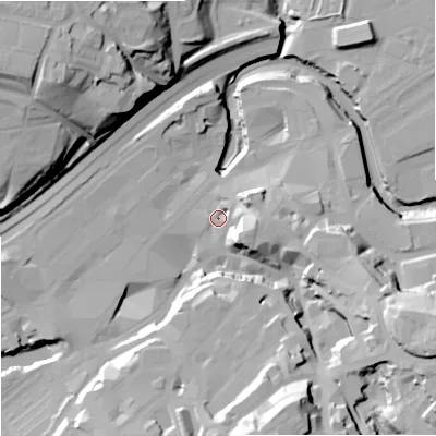 Shaded relief map of the ground around SK11LL, computed from Environment Agency LiDAR. The ground here sits at about 45 m above sea level and falls 43 m across the surrounding 800 m. Surface water reaching this point runs off ground lying to the east-south-east, 11.3 m higher.