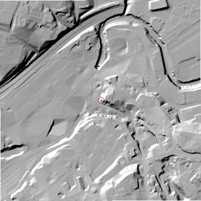 Shaded relief map of the ground around SK11LN, computed from Environment Agency LiDAR. The ground here sits at about 47 m above sea level and falls 42 m across the surrounding 800 m. Surface water reaching this point runs off ground lying to the east-north-east, 13.0 m higher.