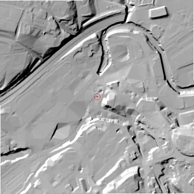 Shaded relief map of the ground around SK11LW, computed from Environment Agency LiDAR. The ground here sits at about 45 m above sea level and falls 43 m across the surrounding 800 m. Surface water reaching this point runs off ground lying to the east-north-east, 7.6 m higher.