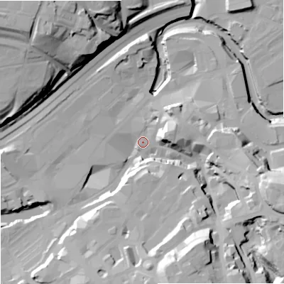 Shaded relief map of the ground around SK11NA, computed from Environment Agency LiDAR. The ground here sits at about 43 m above sea level and falls 43 m across the surrounding 800 m. Surface water reaching this point runs off ground lying to the south-south-east, 36.6 m higher.