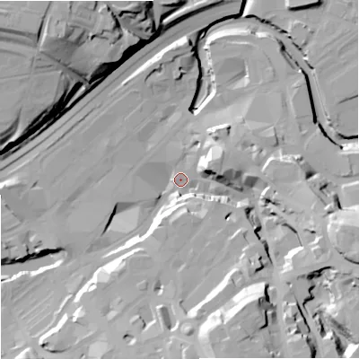 Shaded relief map of the ground around SK11NB, computed from Environment Agency LiDAR. The ground here sits at about 43 m above sea level and falls 43 m across the surrounding 800 m. Surface water reaching this point runs off ground lying to the south-south-east, 36.6 m higher.