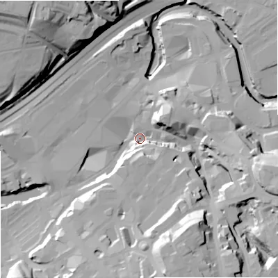 Shaded relief map of the ground around SK11NE, computed from Environment Agency LiDAR. The ground here sits at about 42 m above sea level and falls 43 m across the surrounding 800 m. Surface water reaching this point runs off ground lying to the south-south-east, 34.6 m higher.