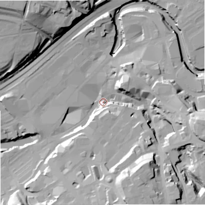 Shaded relief map of the ground around SK11NF, computed from Environment Agency LiDAR. The ground here sits at about 44 m above sea level and falls 42 m across the surrounding 800 m. Surface water reaching this point runs off ground lying to the south-south-east, 35.1 m higher.