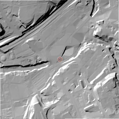 Shaded relief map of the ground around SK11NP, computed from Environment Agency LiDAR. The ground here sits at about 45 m above sea level and falls 42 m across the surrounding 800 m. Surface water reaching this point runs off ground lying to the east-south-east, 33.8 m higher.