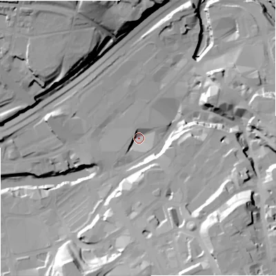 Shaded relief map of the ground around SK11NT, computed from Environment Agency LiDAR. The ground here sits at about 40 m above sea level and falls 41 m across the surrounding 800 m. Surface water reaching this point runs off ground lying to the south-east, 36.6 m higher.