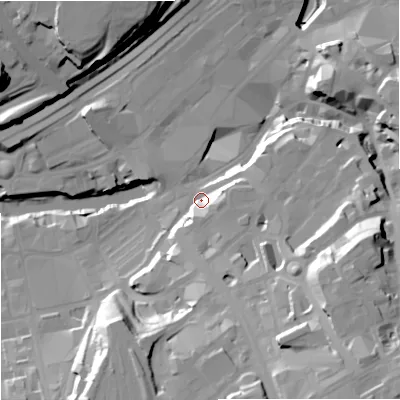 Shaded relief map of the ground around SK11NU, computed from Environment Agency LiDAR. The ground here sits at about 46 m above sea level and falls 43 m across the surrounding 800 m. Surface water reaching this point runs off ground lying to the east-south-east, 19.3 m higher.