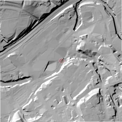 Shaded relief map of the ground around SK11PD, computed from Environment Agency LiDAR. The ground here sits at about 43 m above sea level and falls 42 m across the surrounding 800 m. Surface water reaching this point runs off ground lying to the south-east, 36.6 m higher.