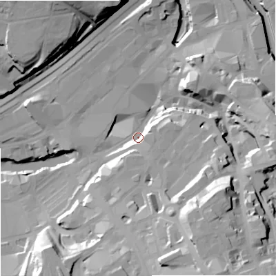 Shaded relief map of the ground around SK11PE, computed from Environment Agency LiDAR. The ground here sits at about 44 m above sea level and falls 42 m across the surrounding 800 m. Surface water reaching this point runs off ground lying to the south-east, 34.3 m higher.